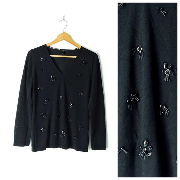 Escada black V-neck jewel embellished Virgin Wool sweater top size M made Italy - Picture 1 of 13